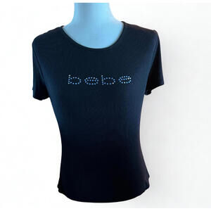 Vintage y2k 2000s BEBE Rhinestone Grunge Logo Womens Top Black Shirt Size L
